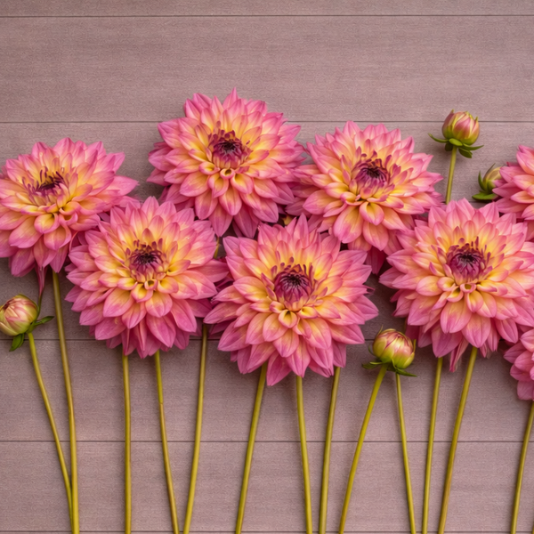 Pink flowers with green stems arranged on a wooden surface