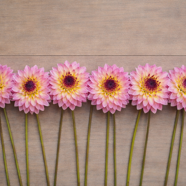 Pink Bloomquist Jody Lynn dahlias with yellow centers arranged in a row on a wooden surface