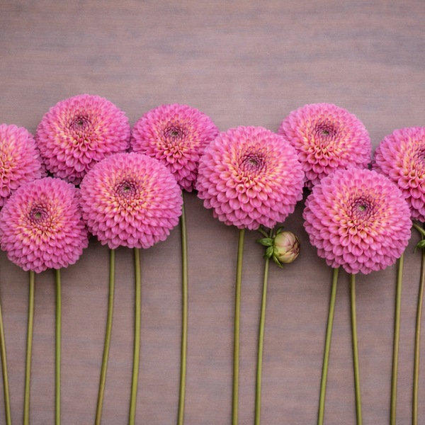 Pink Bloomquist Yea flowers arranged in a row on a wooden surface