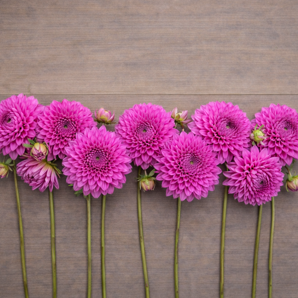 Pink Brian R dahlia flowers arranged in a row on a wooden surface