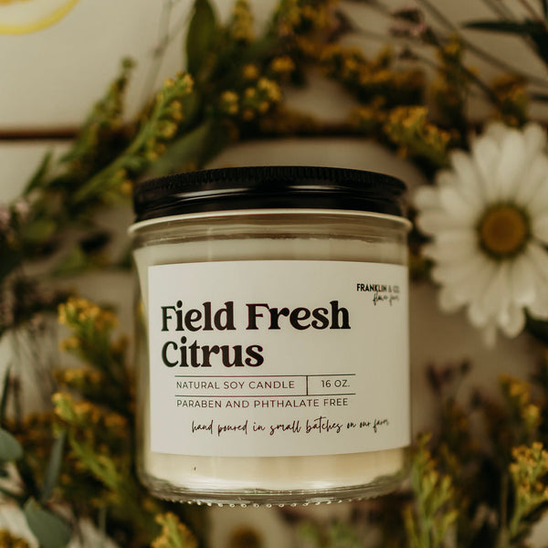 Candle labeled 'Field Fresh Citrus' surrounded by greenery and flowers