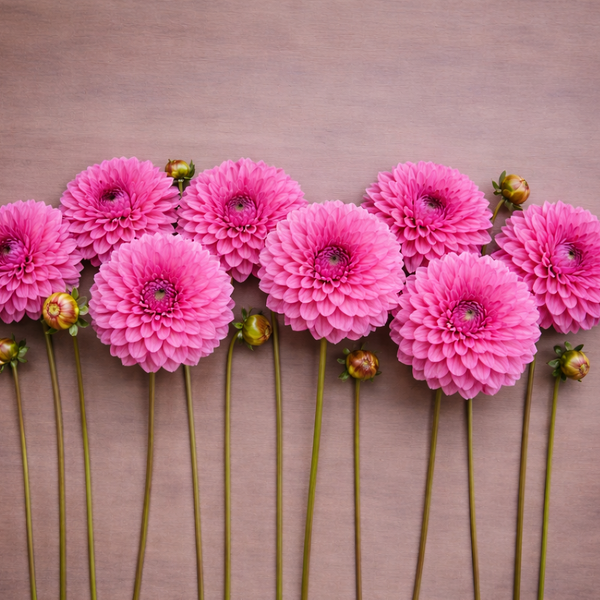 Pink Esli dahlia flowers arranged in a row on a wooden surface