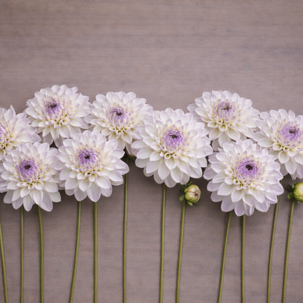 White flowers with purple centers called Eveline dahlia arranged in a row on a brown background