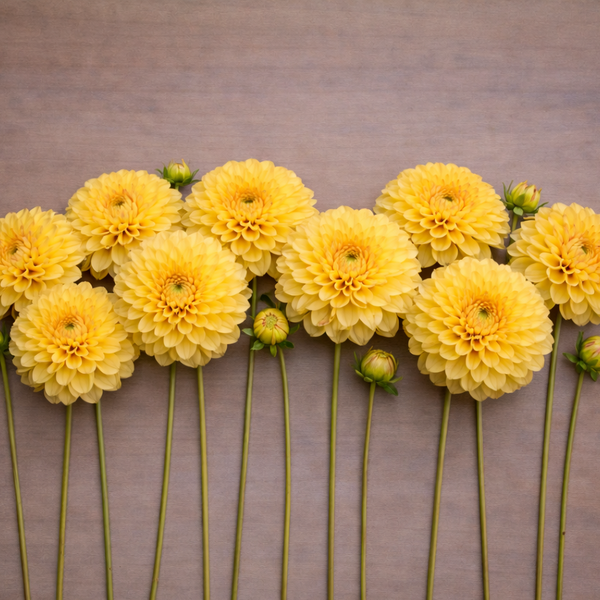 Yellow Ferncliff Citron flowers arranged in a row on a brown background