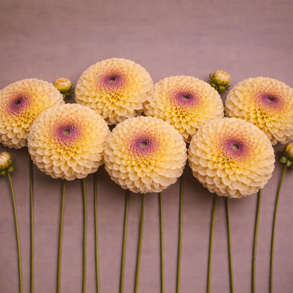 Yellow flowers with pink centers called Ferncliff Spice Dahlia arranged on a brown background