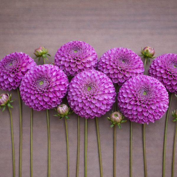 Purple Hillcrest Jonathan dahlia flowers arranged in a row on a brown background