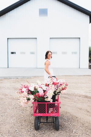 Woman pushing a pink wagon filled with flowers in front of a white building.
