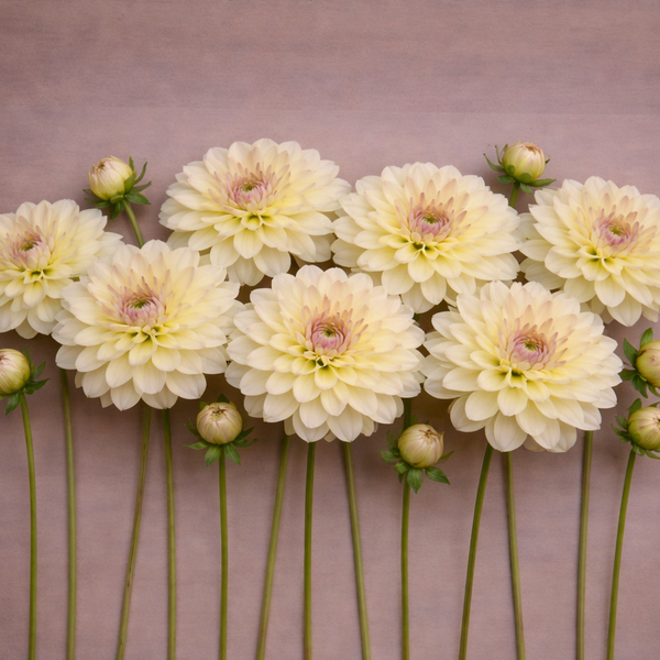 Arrangement of light yellow Innocent Silence Dahlia flowers with green stems on a pinkish-brown background
