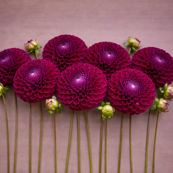 Purple Ivanetti dahlias arranged in a row on a brown background