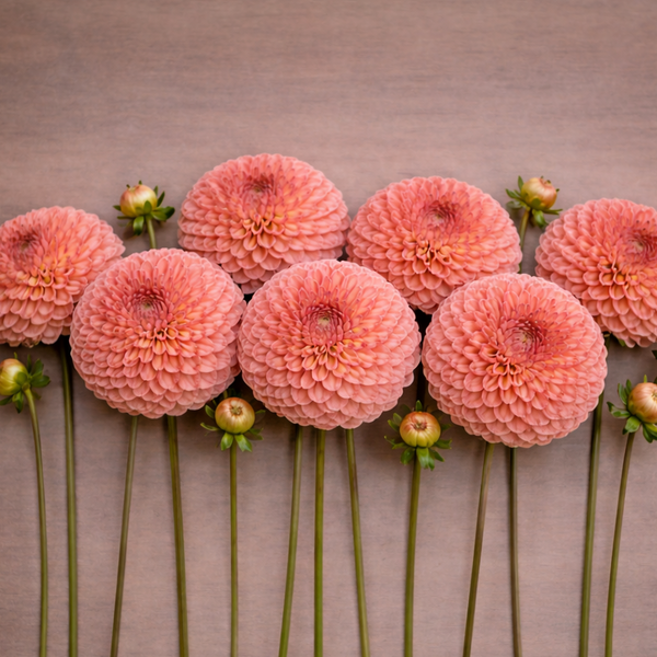 Pink Jomanda dahlia flowers arranged in a row on a brown background
