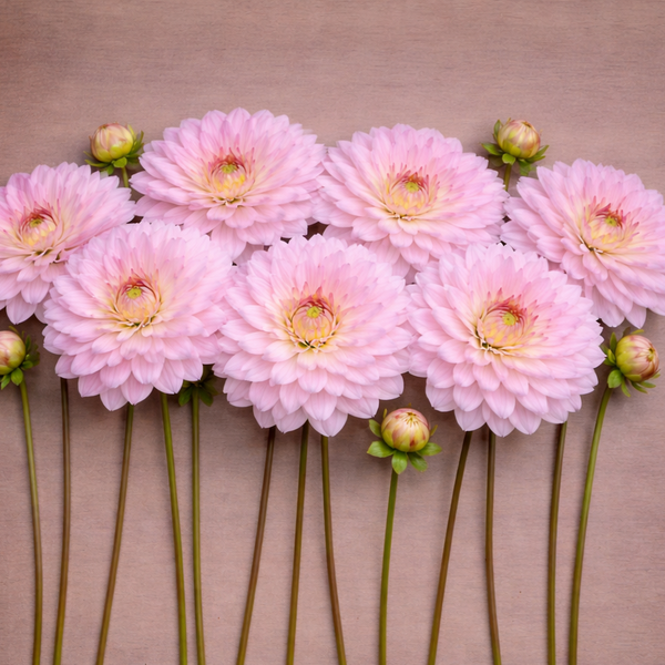 Pink Karma Prospereo dahlia flowers arranged in a circular pattern on a brown background
