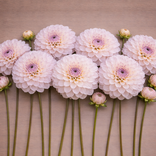 Arrangement of light pink Lyn's Louise dahlia flowers on a wooden surface