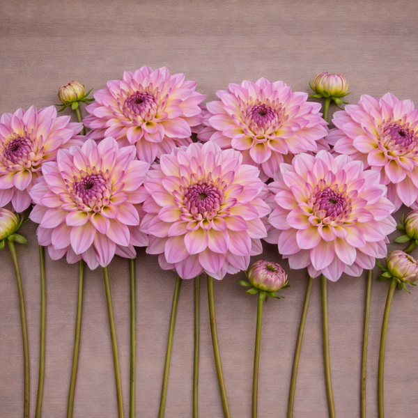Lyn's Opal dahlias arranged in a row on a wooden surface