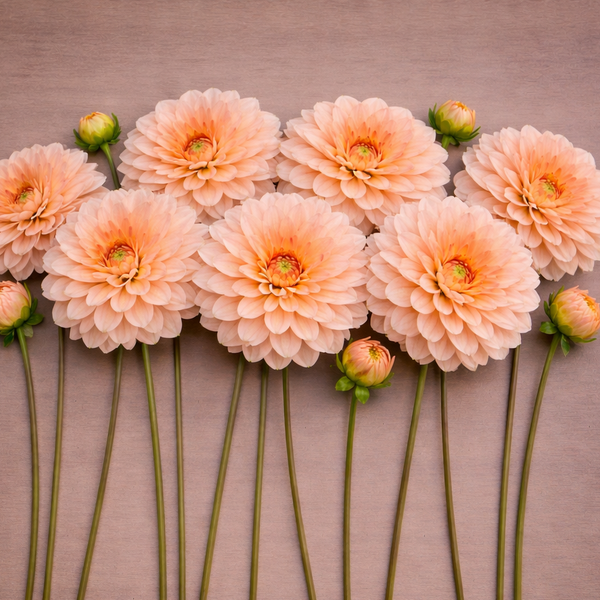 Arrangement of peach-colored Mister Frans dahlias flowers on a brown background