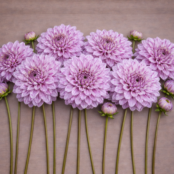 Misty Imagination dahllia flowers arranged in a circular pattern on a wooden surface