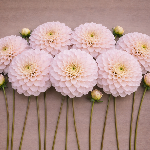 Pink Pearl dahlia flowers arranged in a circular pattern on a wooden surface