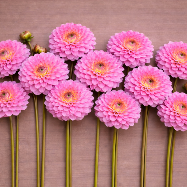 Pink Runner Dahlia flowers arranged in a row on a brown background