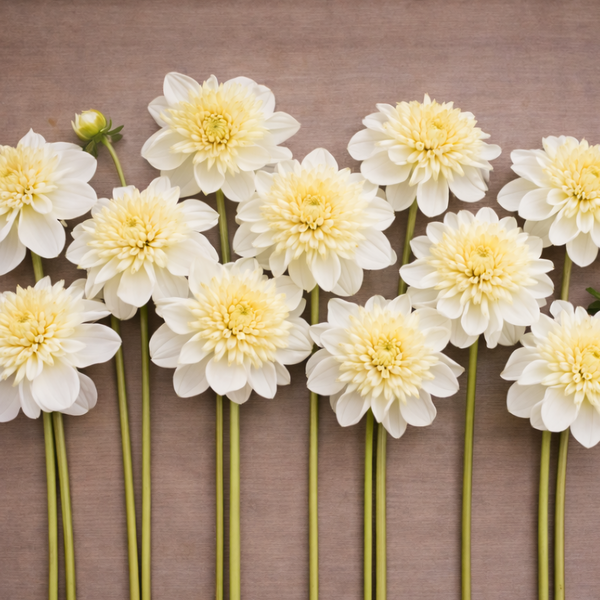 White and yellow Platinum Blonde dahlia flowers arranged in a row on a brown background