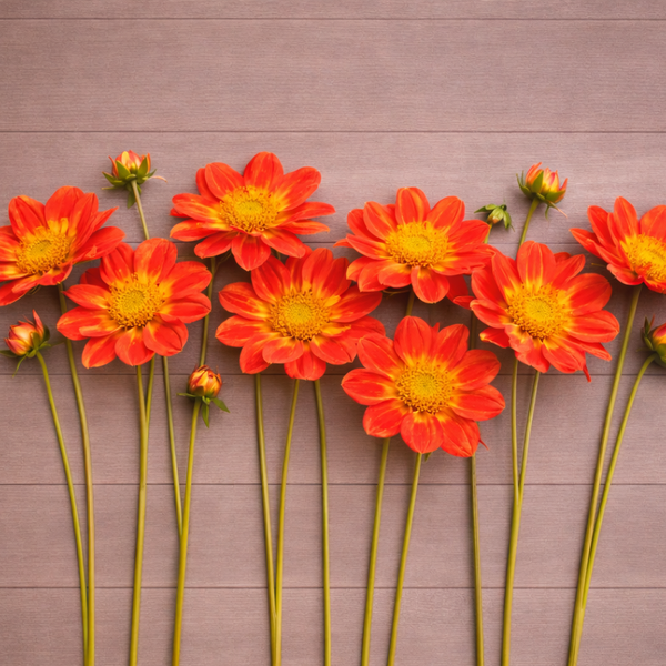 Red Pooh dahlia flowers with yellow centers arranged on a wooden surface