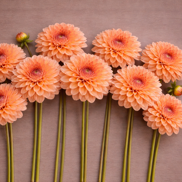 Arrangement of peach-colored Robann Regal Dahlia flowers on a brown background