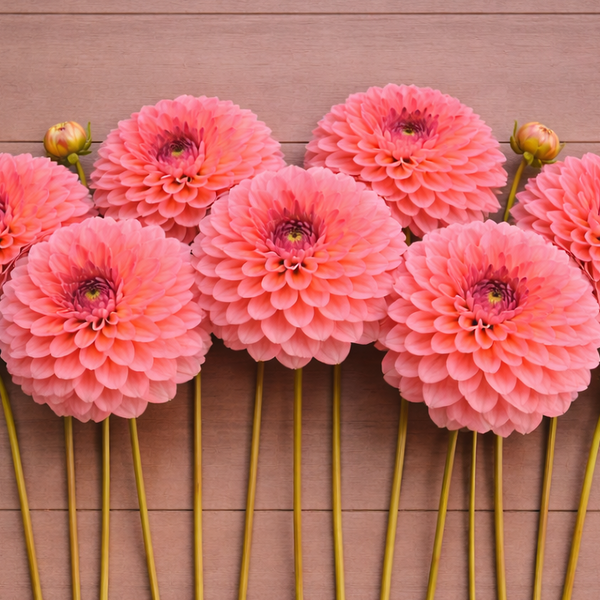 Pink Salmon Kiss dahlias arranged on a wooden surface