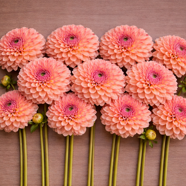 Arrangement of peach Sebastian dahlia flowers on a wooden surface