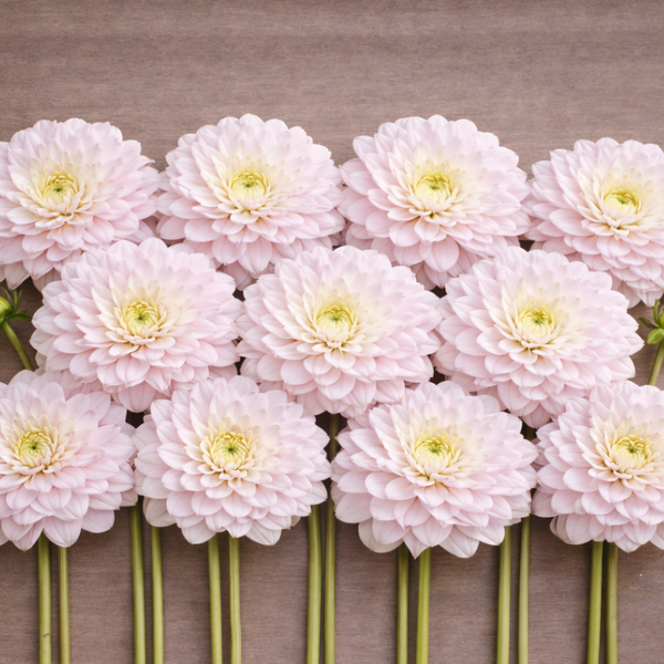 Pink Silver Years dahlia flowers with green stems on a brown background