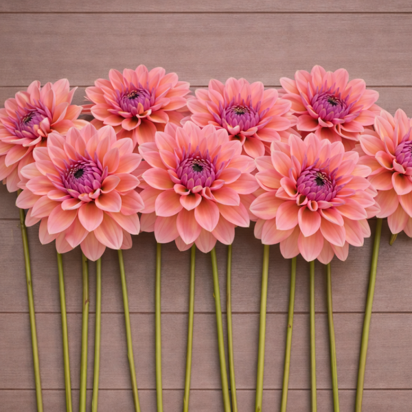 Pink Sweet Sanne dahlia flowers with green stems arranged on a wooden surface