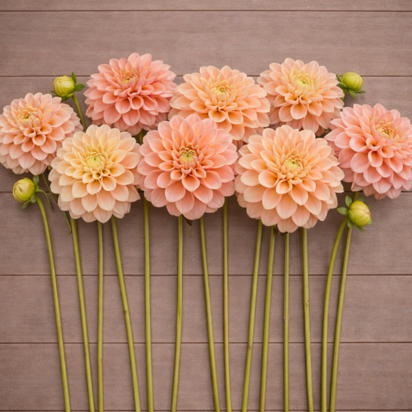 Pink Sweet Suzanne dahlia flowers arranged on a wooden surface