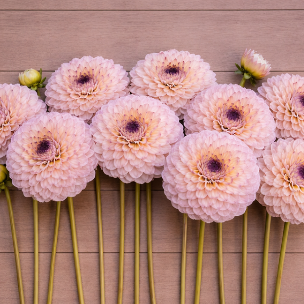 Pink Wine Eyed Jill dahlia flowers arranged on a wooden surface