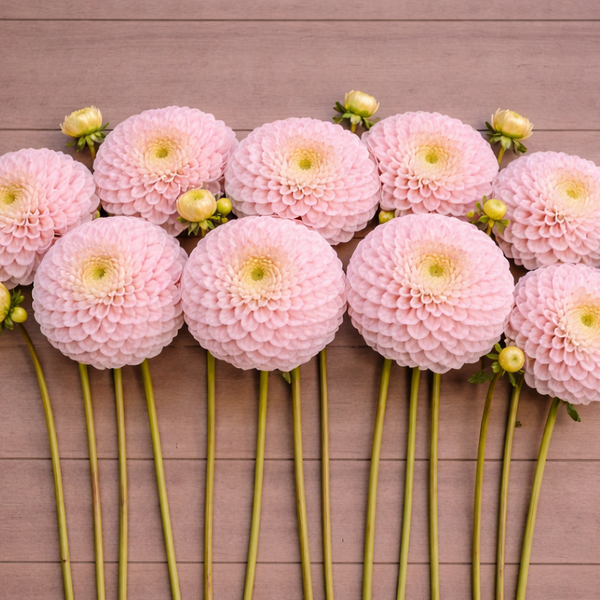 Pink Wizard of Oz dahlia flowers with green stems arranged on a wooden surface