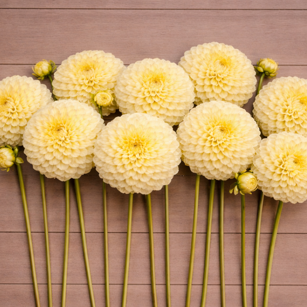 Yellow Creamy dahlia flowers arranged on a wooden surface