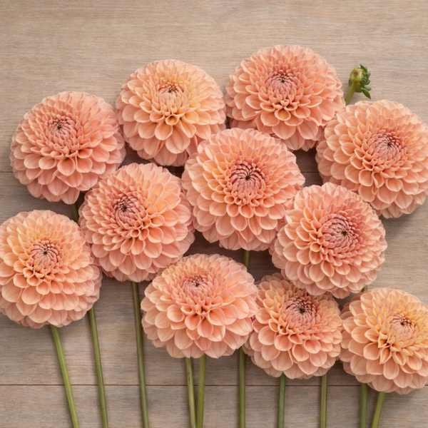 Pink 20th ave softer peach flowers arranged on a wooden surface