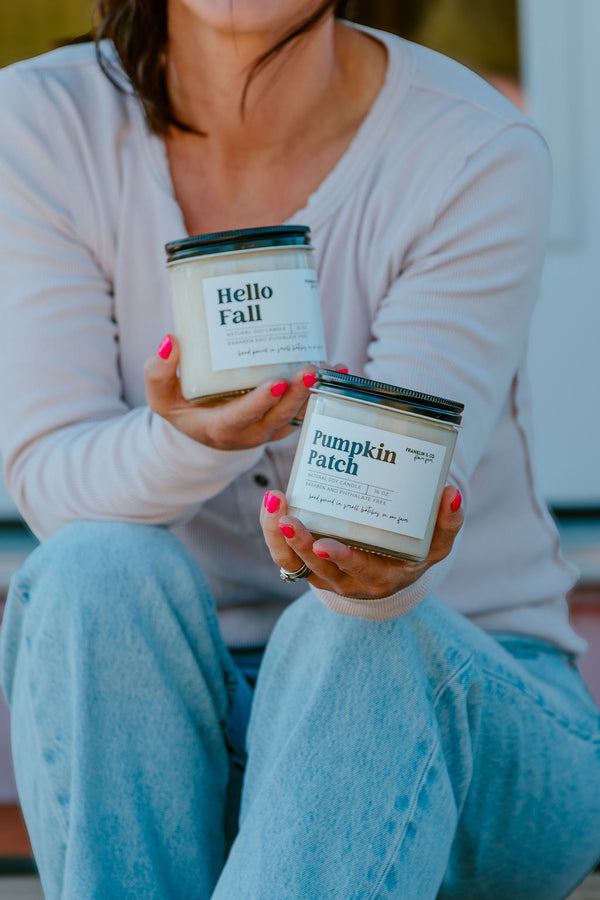 Hello Fall 16 oz soy candle, hand-poured at Franklin & Co. Flower Farm