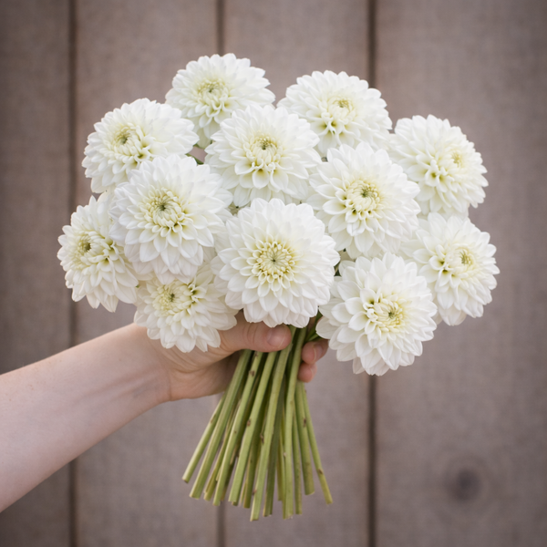 Bouquet of white Blizzard dahlia flowers held by a person against a wooden background