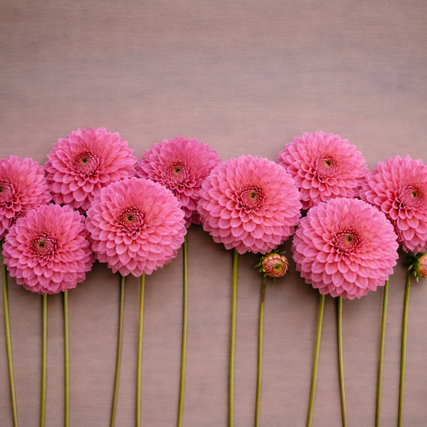 Pink Bloomquist Mojo dahlia flowers arranged in a row on a beige background