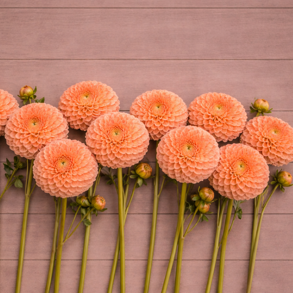 Row of peach-colored Camano Buz dahlia flowers on a wooden surface