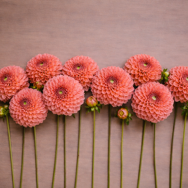 Row of pink Daisy Duke dahlia flowers on a wooden surface