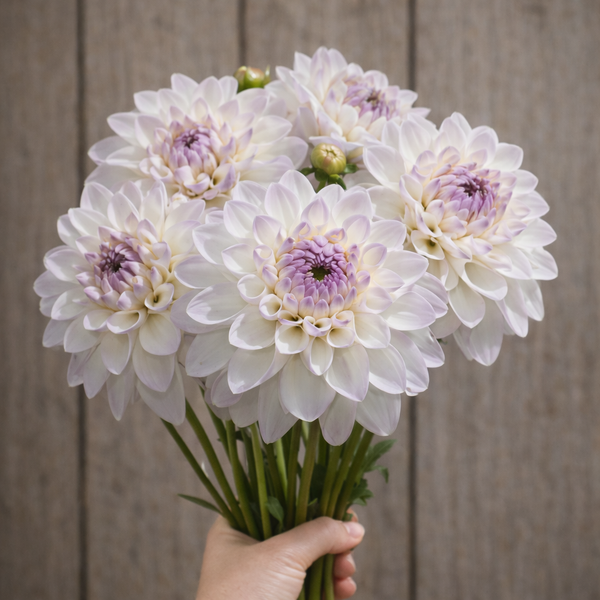 Bouquet of white and purple Eveline dahlia flowers held against a wooden background