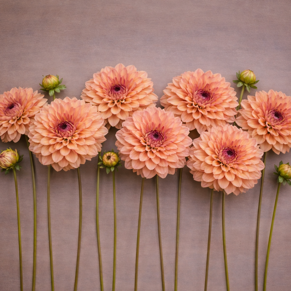 Row of peach-colored Ferncliff Copper dahlia flowers with green stems on a brown background