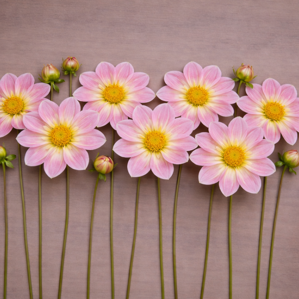 Pink Ferncliff Dolly dahlia flowers with yellow centers arranged in a row on a brown background