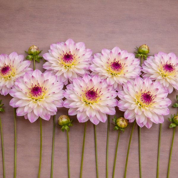 Pink and yellow Ferncliff Illusion dahlia flowers with green stems on a wooden surface