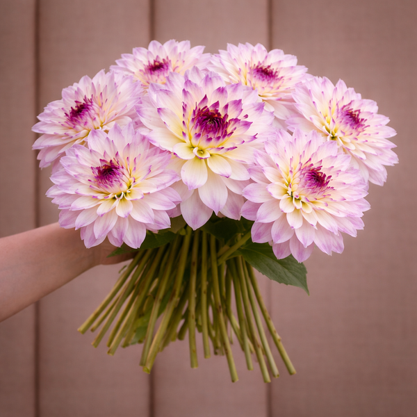 Bouquet of light purple Ferncliff Illusion dahlia flowers held by a hand against a brown background