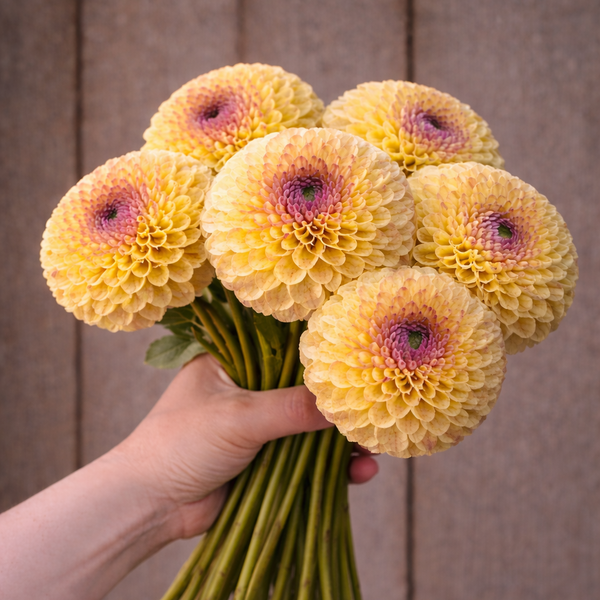 Bouquet of yellow flowers with pink centers called Ferncliff Spice dahlia held by a hand against a wooden background