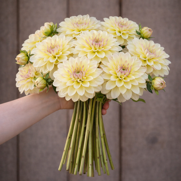 Bouquet of light yellow Innocent Silence dahlia flowers held by a person against a neutral background