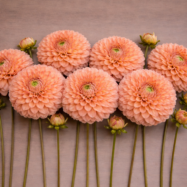 Row of peach-colored Jowey Nicky dahlia flowers on a brown background