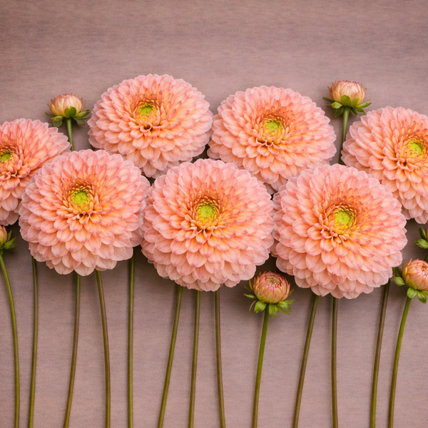 Pink L.A.T.E. dahlia flowers arranged in a row on a brown background