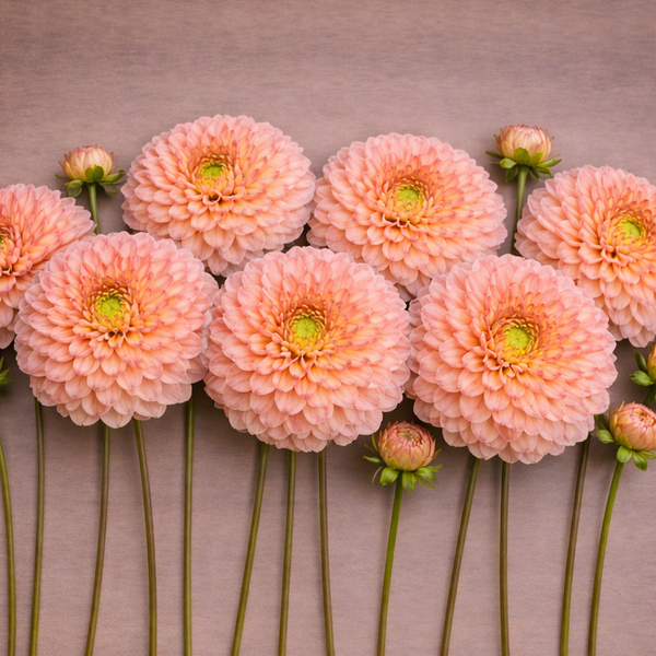 Larks Ebb dahlia flowers arranged in a row on a brown background