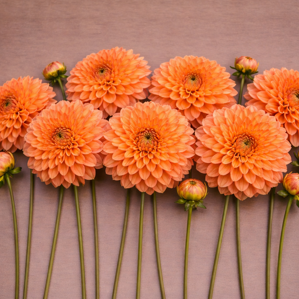 Maarn Sylvia dahlia flowers arranged in a circular pattern on a brown background