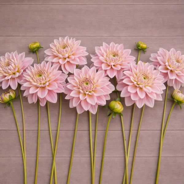Pink Miss Sarah dahlia flowers arranged on a wooden surface